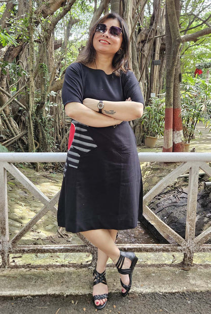 Black Knee-Length Cotton Dress with Patchwork Detailing