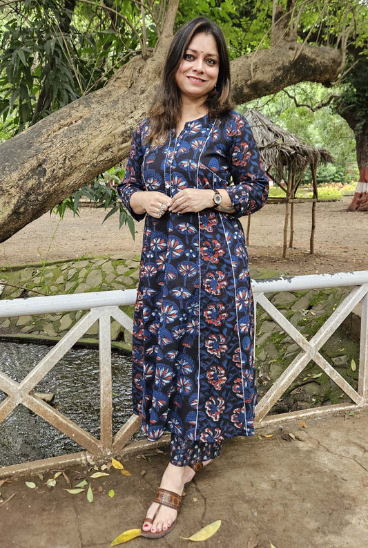 Blue A-Line Kalidar Kurta with Elegant Embroidery