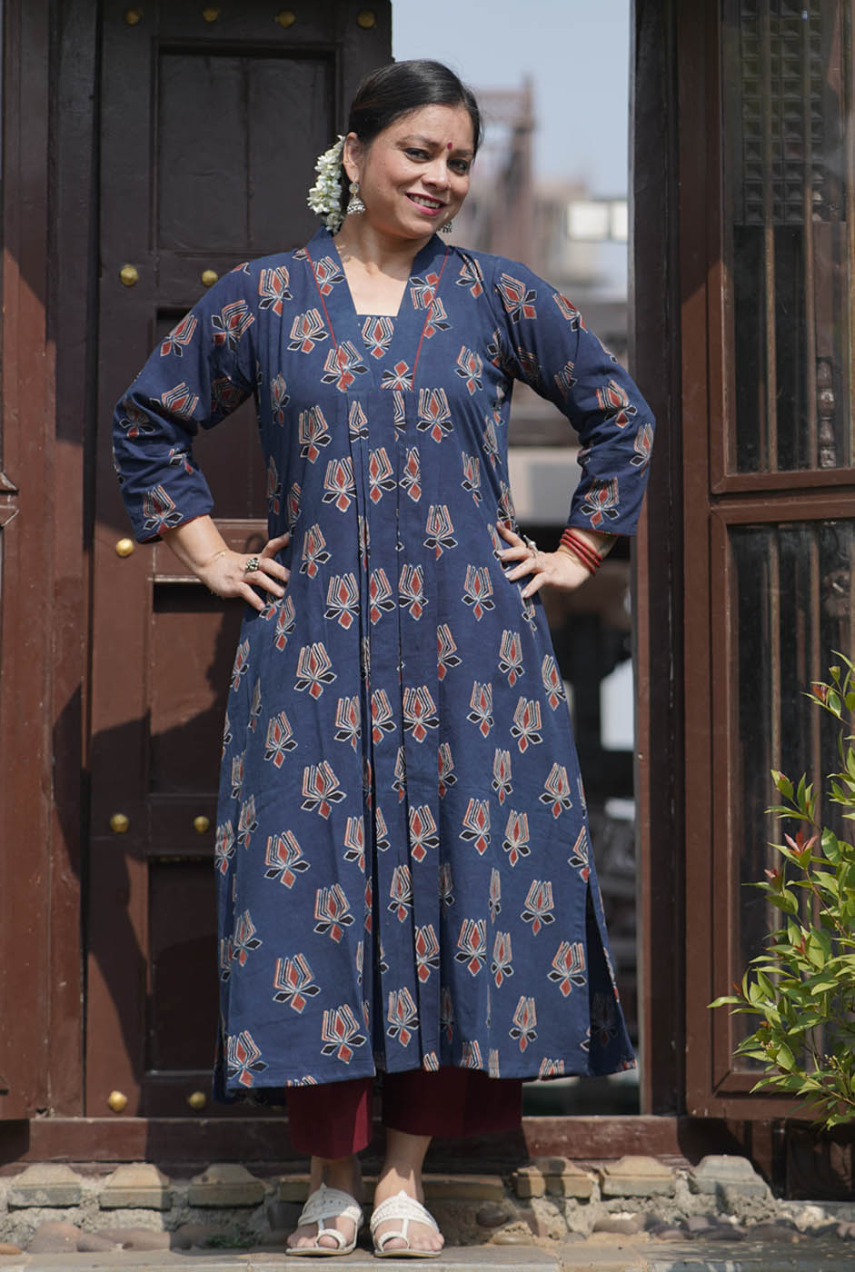 Alahi Blue Ajrakh A-Line Kurta with Gather & Pleat Detailing