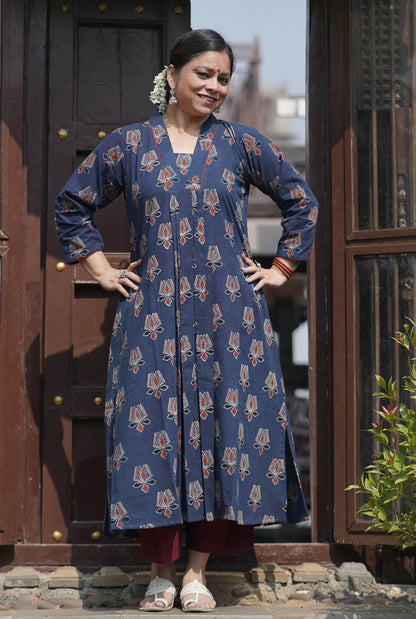 Alahi Blue Ajrakh A-Line Kurta with Gather & Pleat Detailing