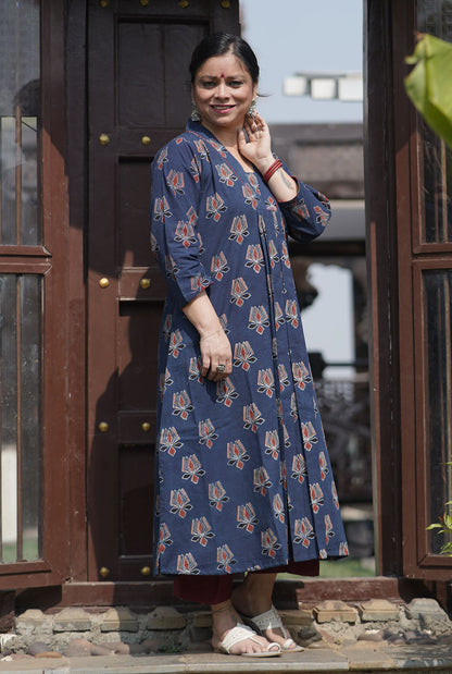 Alahi Blue Ajrakh A-Line Kurta with Gather & Pleat Detailing