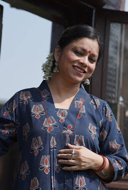 Alahi Blue Ajrakh A-Line Kurta with Gather & Pleat Detailing
