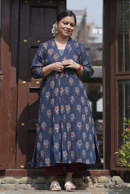 Alahi Blue Ajrakh A-Line Kurta with Gather & Pleat Detailing