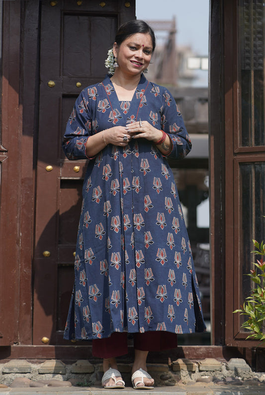 Alahi Blue Ajrakh A-Line Kurta with Gather & Pleat Detailing