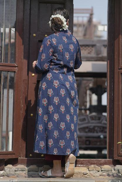 Alahi Blue Ajrakh A-Line Kurta with Gather & Pleat Detailing