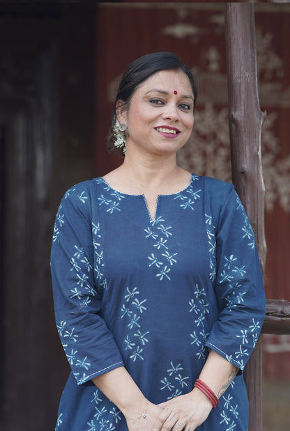 Alahi Blue Ajrakh A-Line Kalidar Kurta with Dragonfly Block & Hand Kantha Work