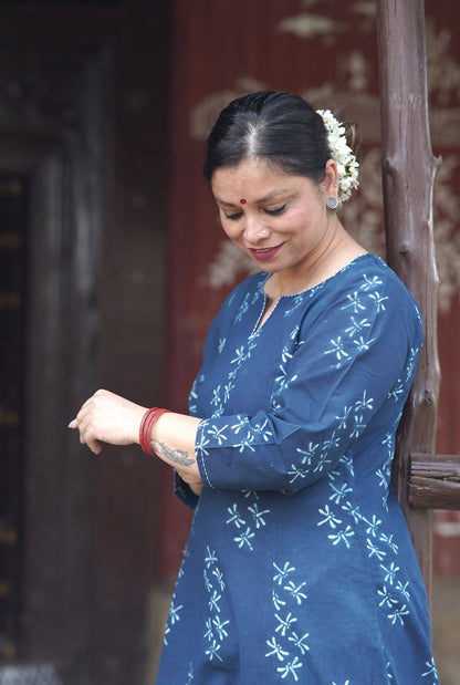 Alahi Blue Ajrakh A-Line Kalidar Kurta with Dragonfly Block & Hand Kantha Work