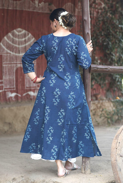 Alahi Blue Ajrakh A-Line Kalidar Kurta with Dragonfly Block & Hand Kantha Work