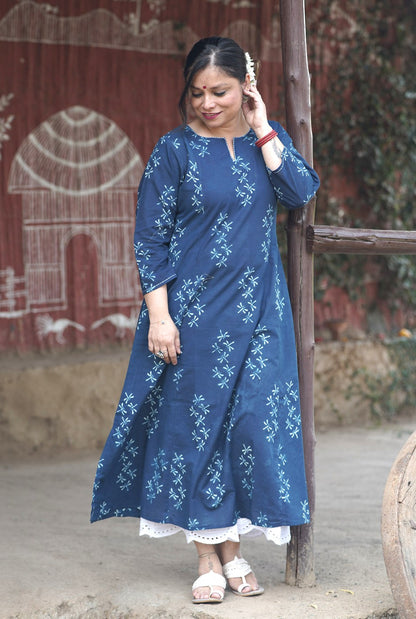 Alahi Blue Ajrakh A-Line Kalidar Kurta with Dragonfly Block & Hand Kantha Work