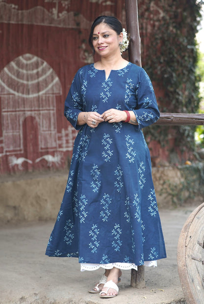 Alahi Blue Ajrakh A-Line Kalidar Kurta with Dragonfly Block & Hand Kantha Work