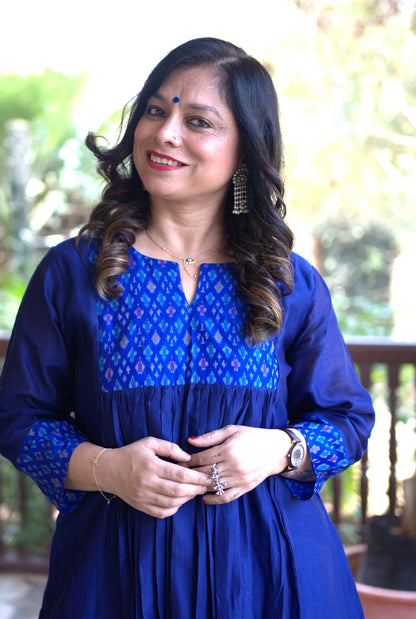Virasat Mul Chanderi Blue Kurta with Ikat Yoke & Sleeve Detailing