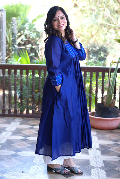 Virasat Mul Chanderi Blue Kurta with Ikat Yoke & Sleeve Detailing