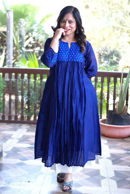 Virasat Mul Chanderi Blue Kurta with Ikat Yoke & Sleeve Detailing