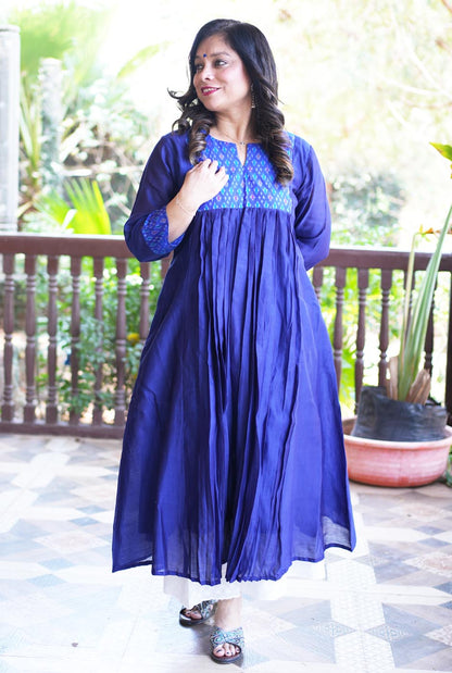 Virasat Mul Chanderi Blue Kurta with Ikat Yoke & Sleeve Detailing
