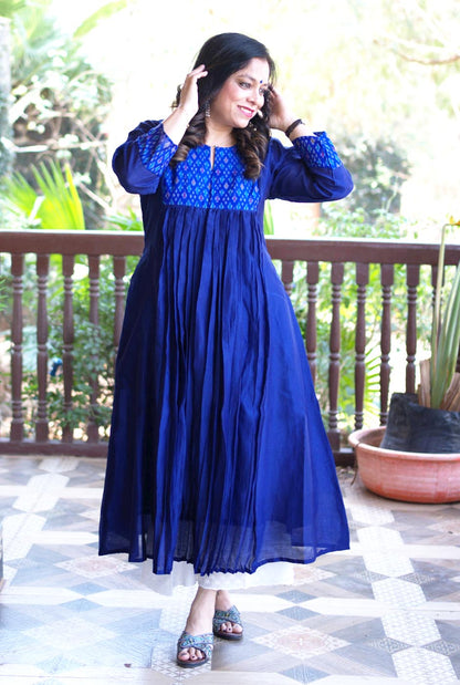 Virasat Mul Chanderi Blue Kurta with Ikat Yoke & Sleeve Detailing