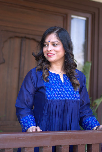 Virasat Mul Chanderi Blue Kurta with Ikat Yoke & Sleeve Detailing