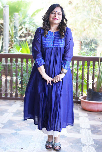 Virasat Mul Chanderi Blue Kurta with Ikat Yoke & Sleeve Detailing