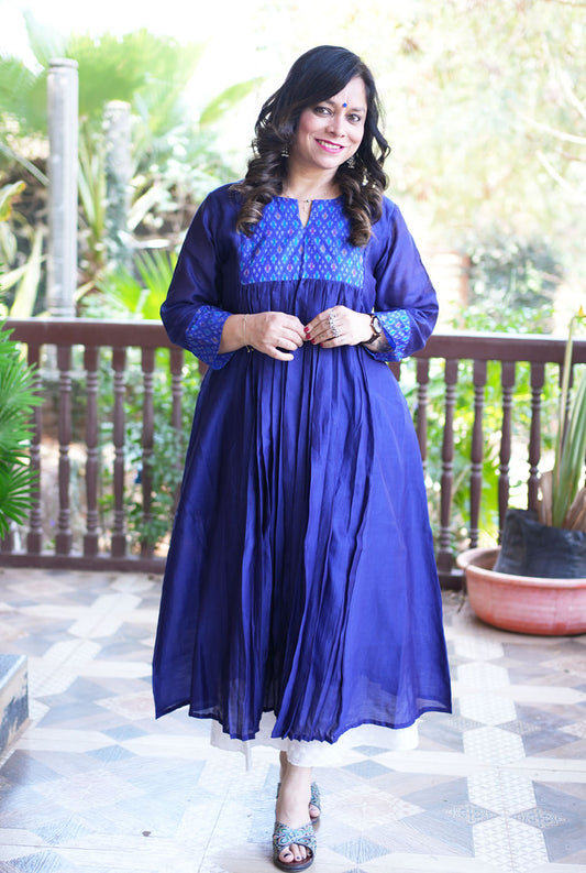 Virasat Mul Chanderi Blue Kurta with Ikat Yoke & Sleeve Detailing