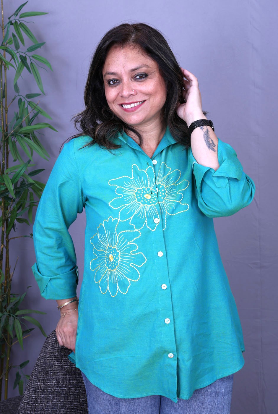 Phool Blue Embroidered Cotton Shirt