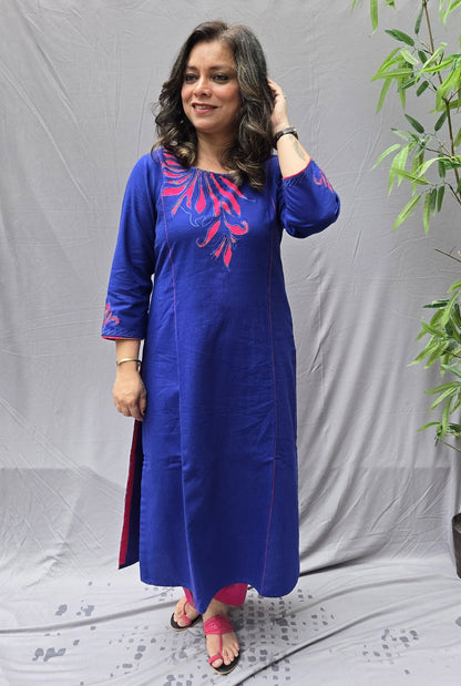 Abha Royal Blue Patchwork Handloom Cotton Kurta
