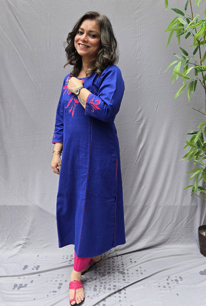 Abha Royal Blue Patchwork Handloom Cotton Kurta