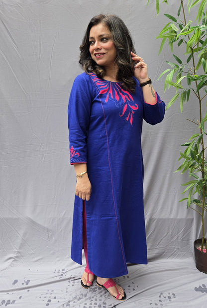 Abha Royal Blue Patchwork Handloom Cotton Kurta