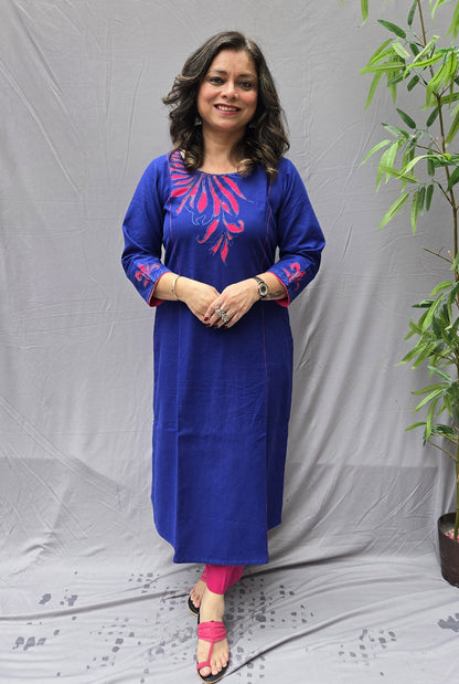 Abha Royal Blue Patchwork Handloom Cotton Kurta
