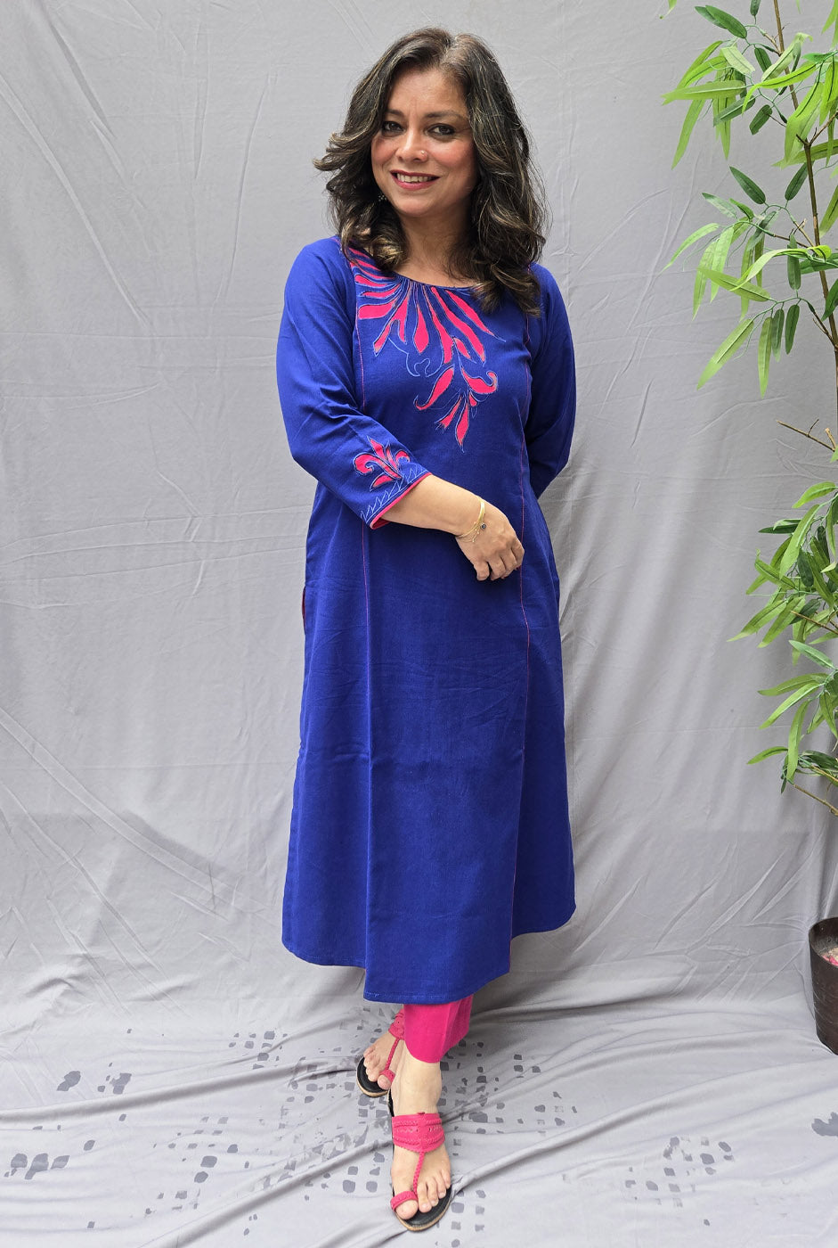 Abha Royal Blue Patchwork Handloom Cotton Kurta
