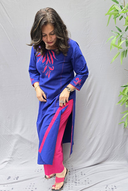 Abha Royal Blue Patchwork Handloom Cotton Kurta