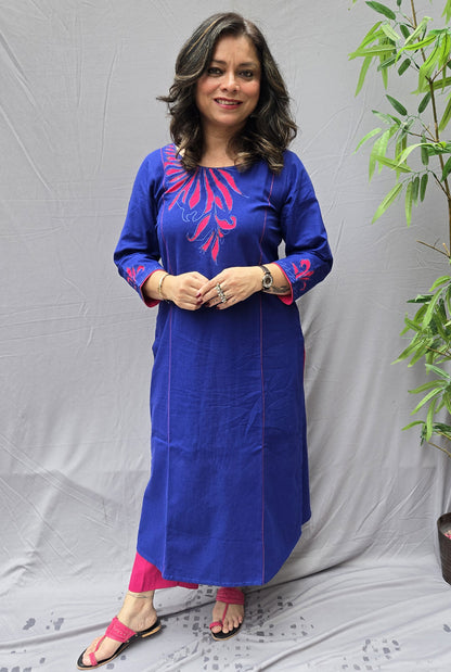 Abha Royal Blue Patchwork Handloom Cotton Kurta