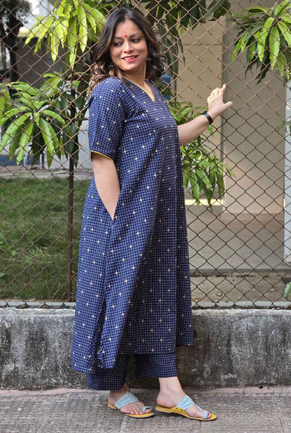 Nazakat Blue Handloom Cotton Co-Ord Set