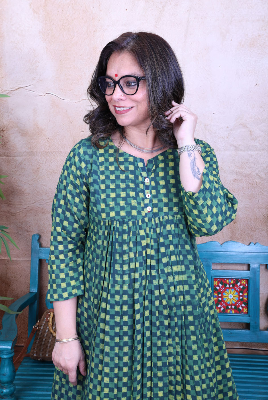 Harini Green Handblock Mul Cotton Gathered Kurta
