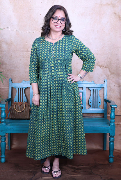 Harini Green Handblock Mul Cotton Gathered Kurta