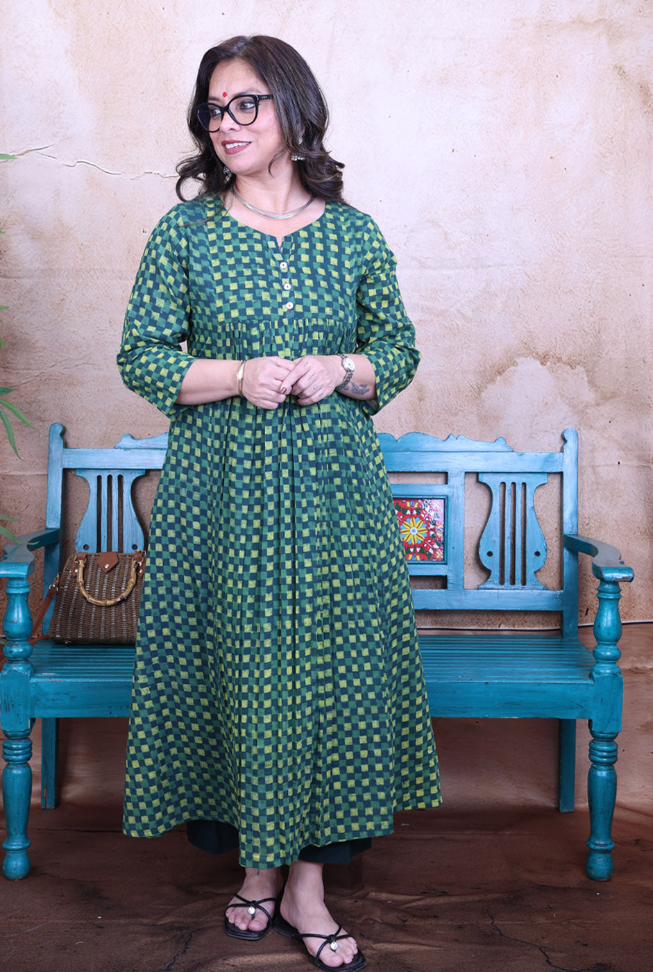 Harini Green Handblock Mul Cotton Gathered Kurta