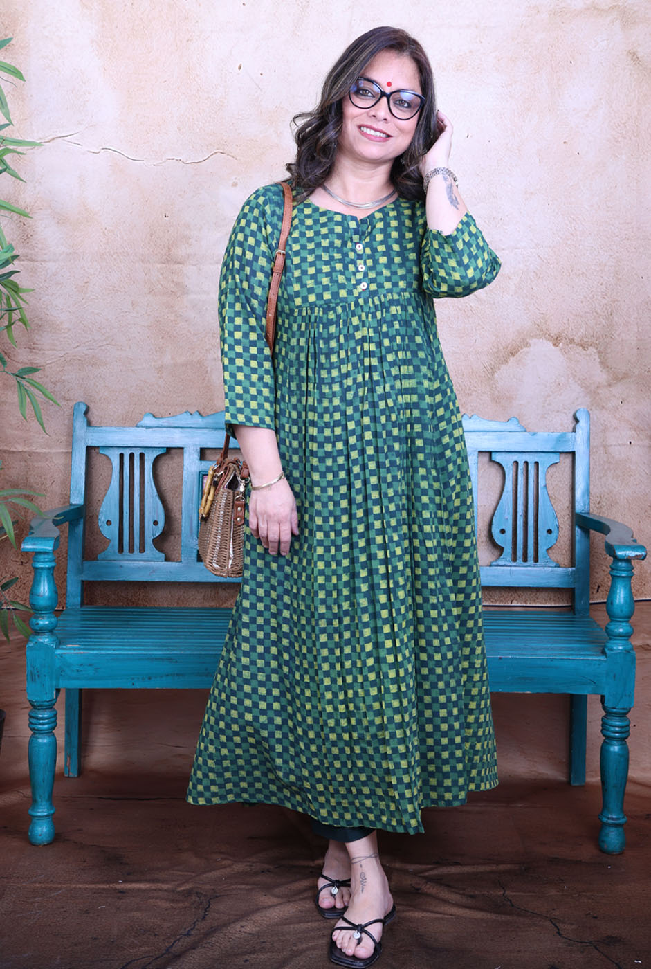 Harini Green Handblock Mul Cotton Gathered Kurta
