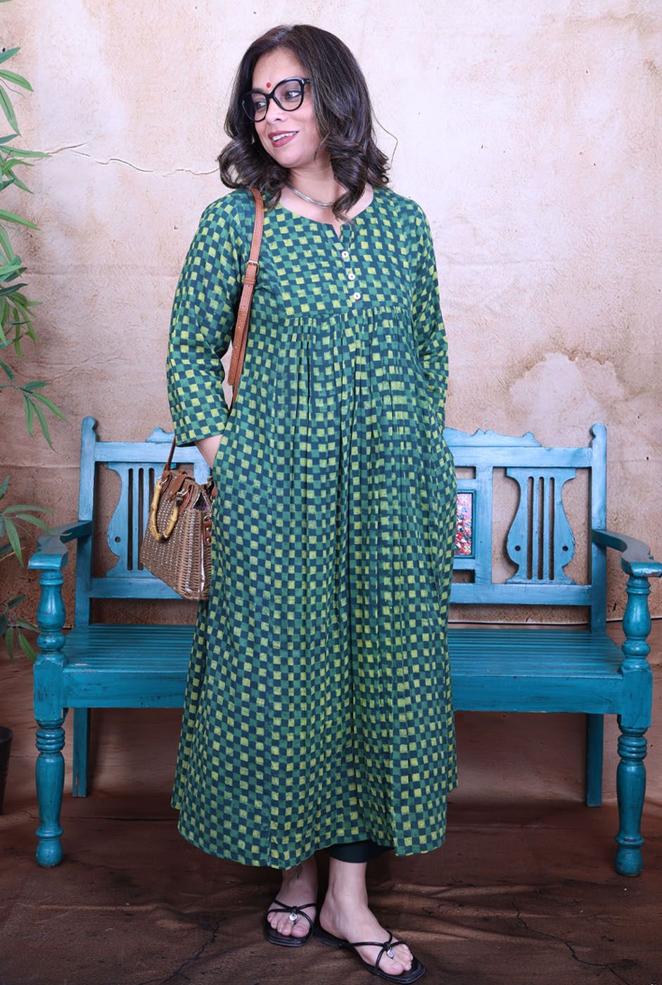 Harini Green Handblock Mul Cotton Gathered Kurta