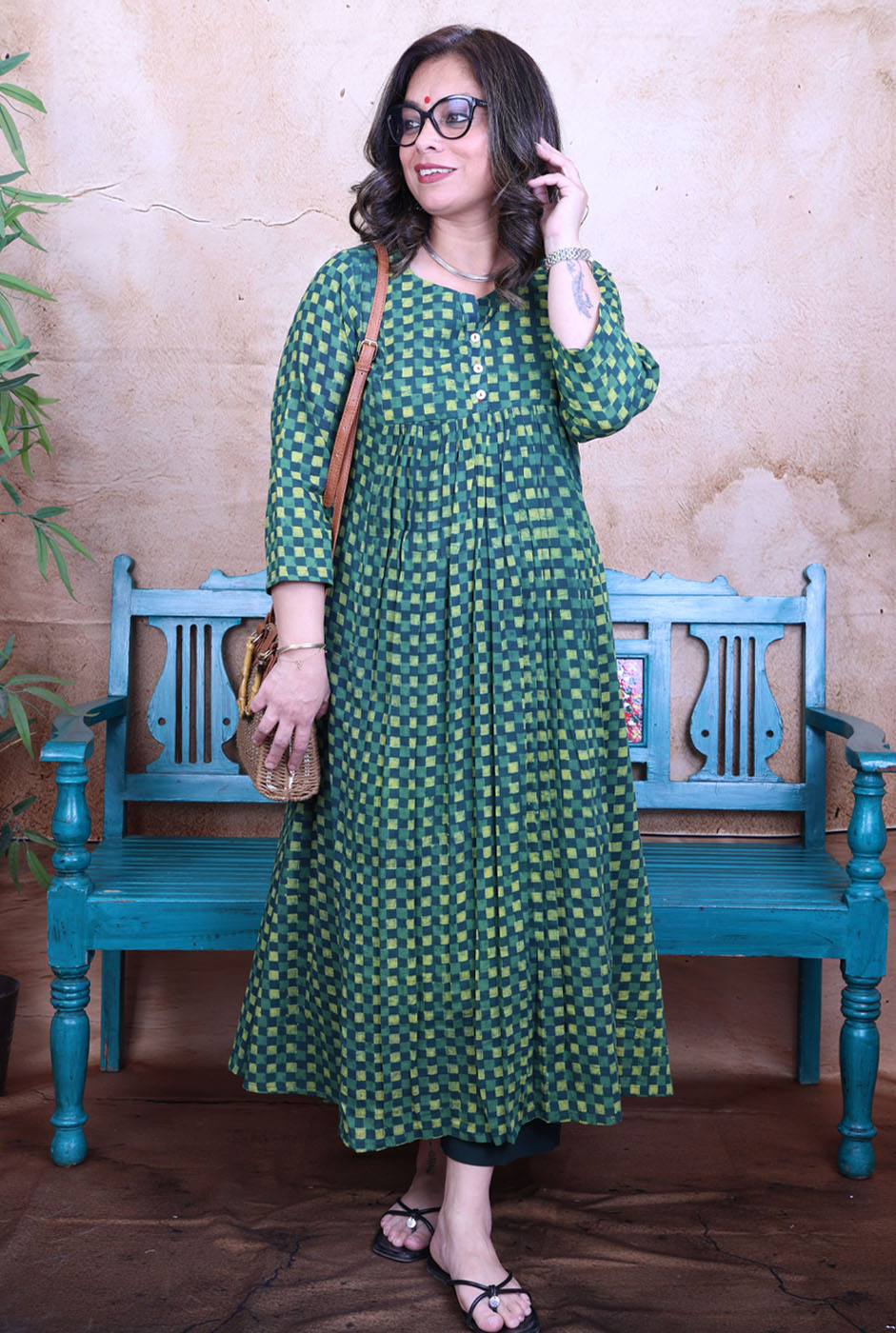 Harini Green Handblock Mul Cotton Gathered Kurta