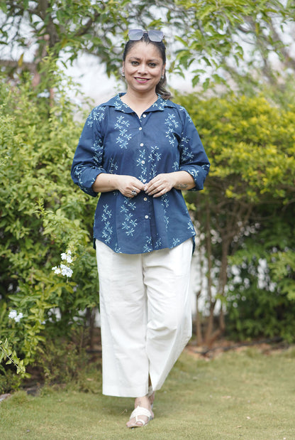 Alahi Blue Ajrakh Shirt with Dragonfly Block