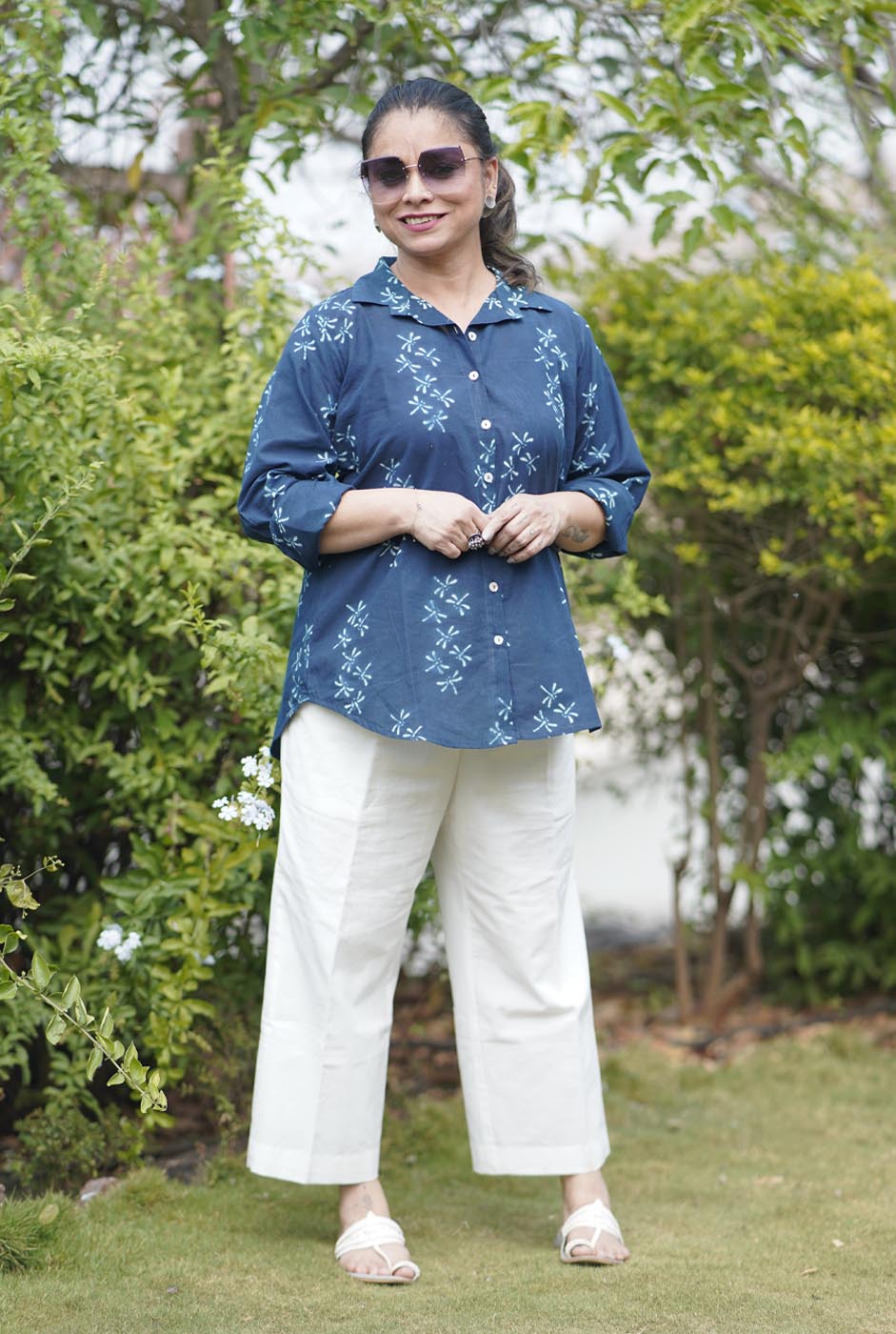 Alahi Blue Ajrakh Shirt with Dragonfly Block