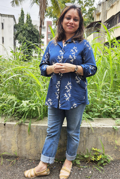 Dragonfly Block Blue Handloom Cotton Ajrakh Shirt