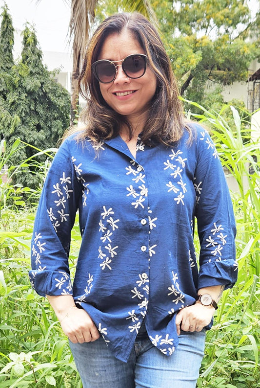 Dragonfly Block Blue Handloom Cotton Ajrakh Shirt