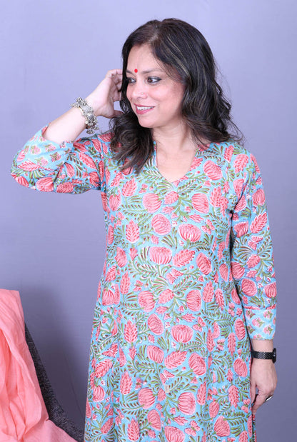 Gul – Handblock Cotton Peach Kurta Pant Set of 2