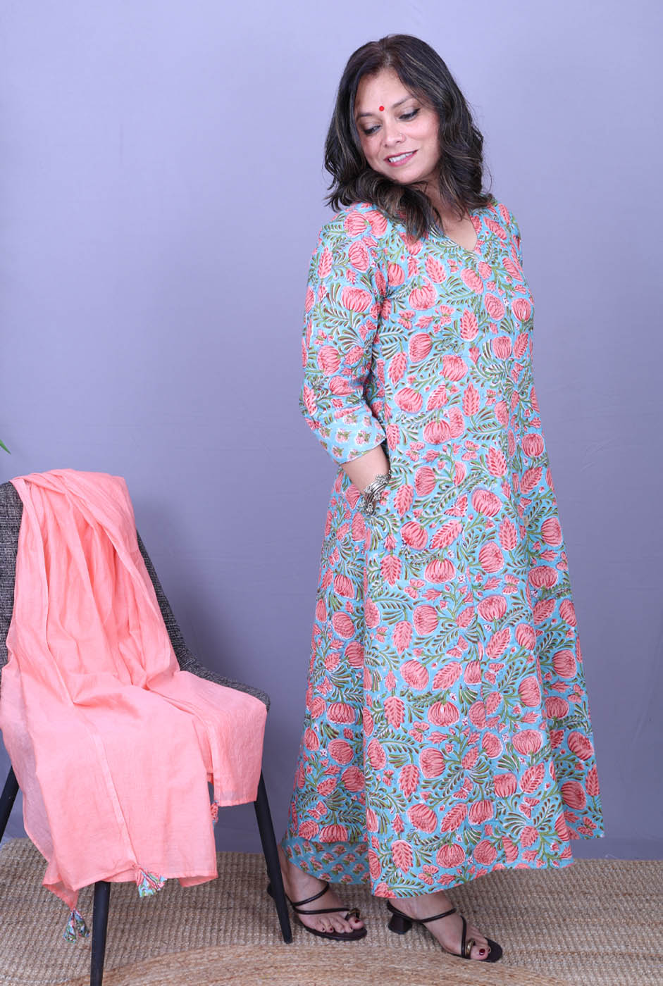 Gul – Handblock Cotton Peach Kurta Pant Set of 2
