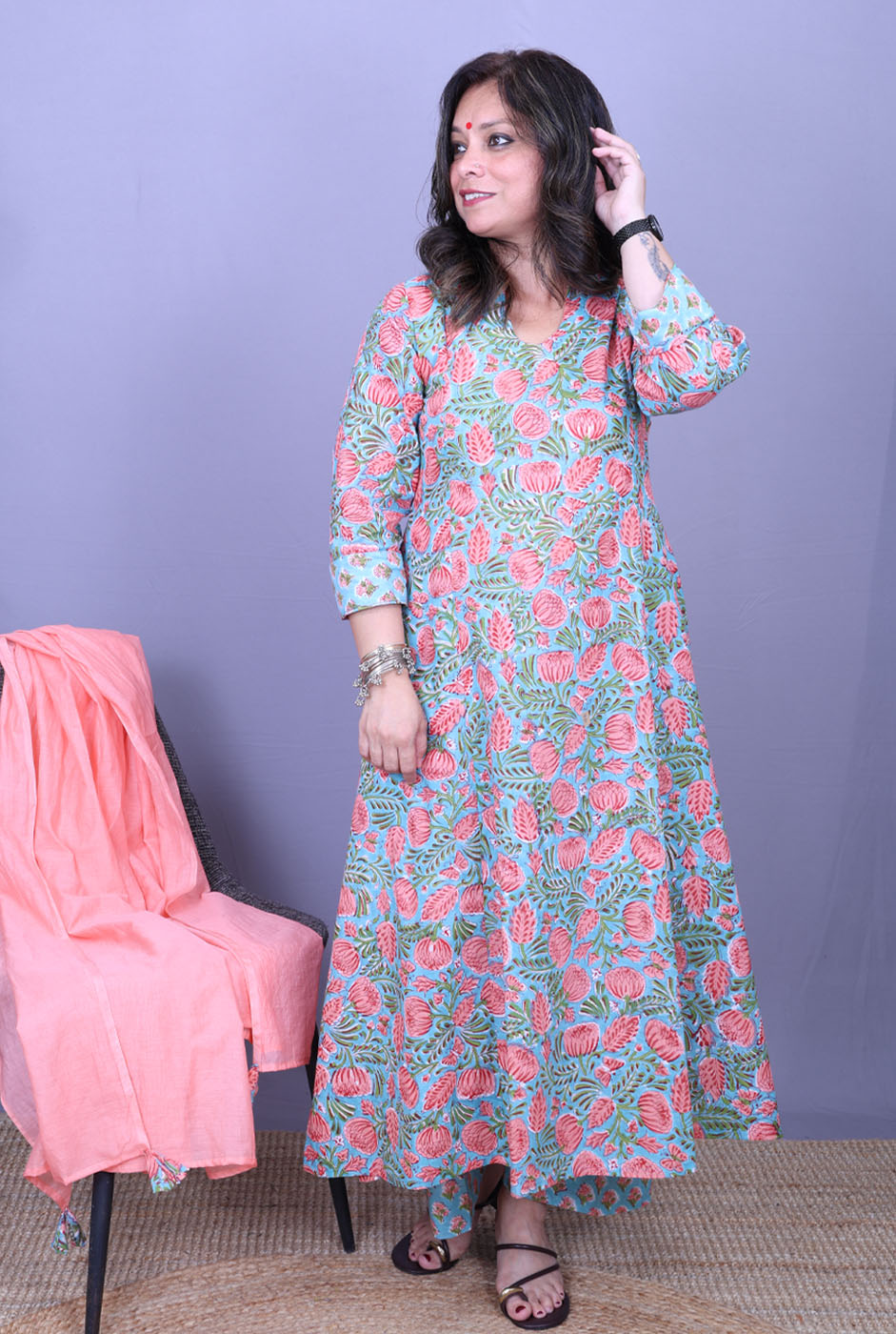 Gul – Handblock Cotton Peach Kurta Pant Set of 2