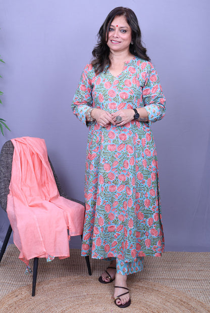 Gul – Handblock Cotton Peach Kurta Pant Set of 2