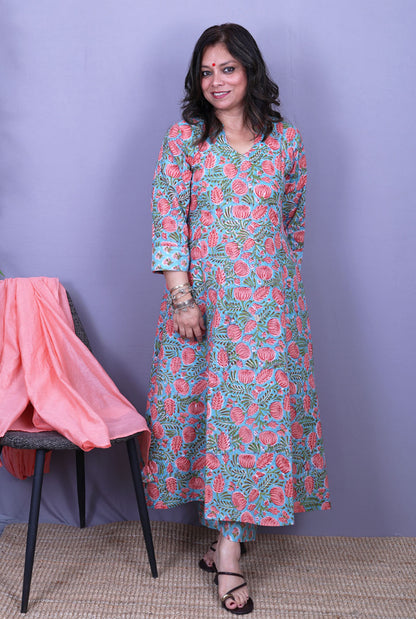 Gul – Handblock Cotton Peach Kurta Pant Set of 2