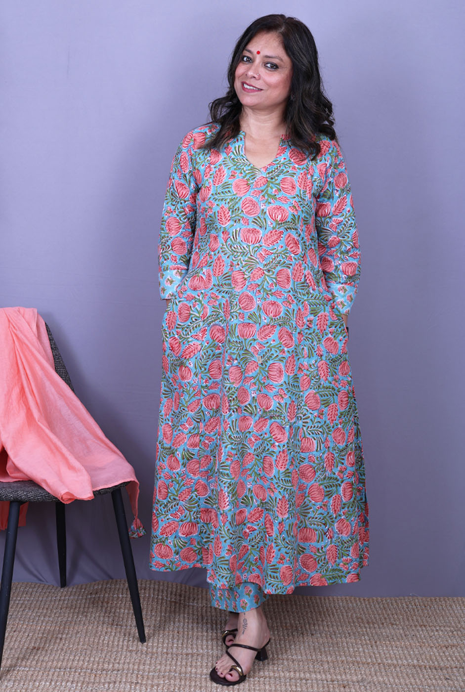 Gul – Handblock Cotton Peach Kurta Pant Set of 2