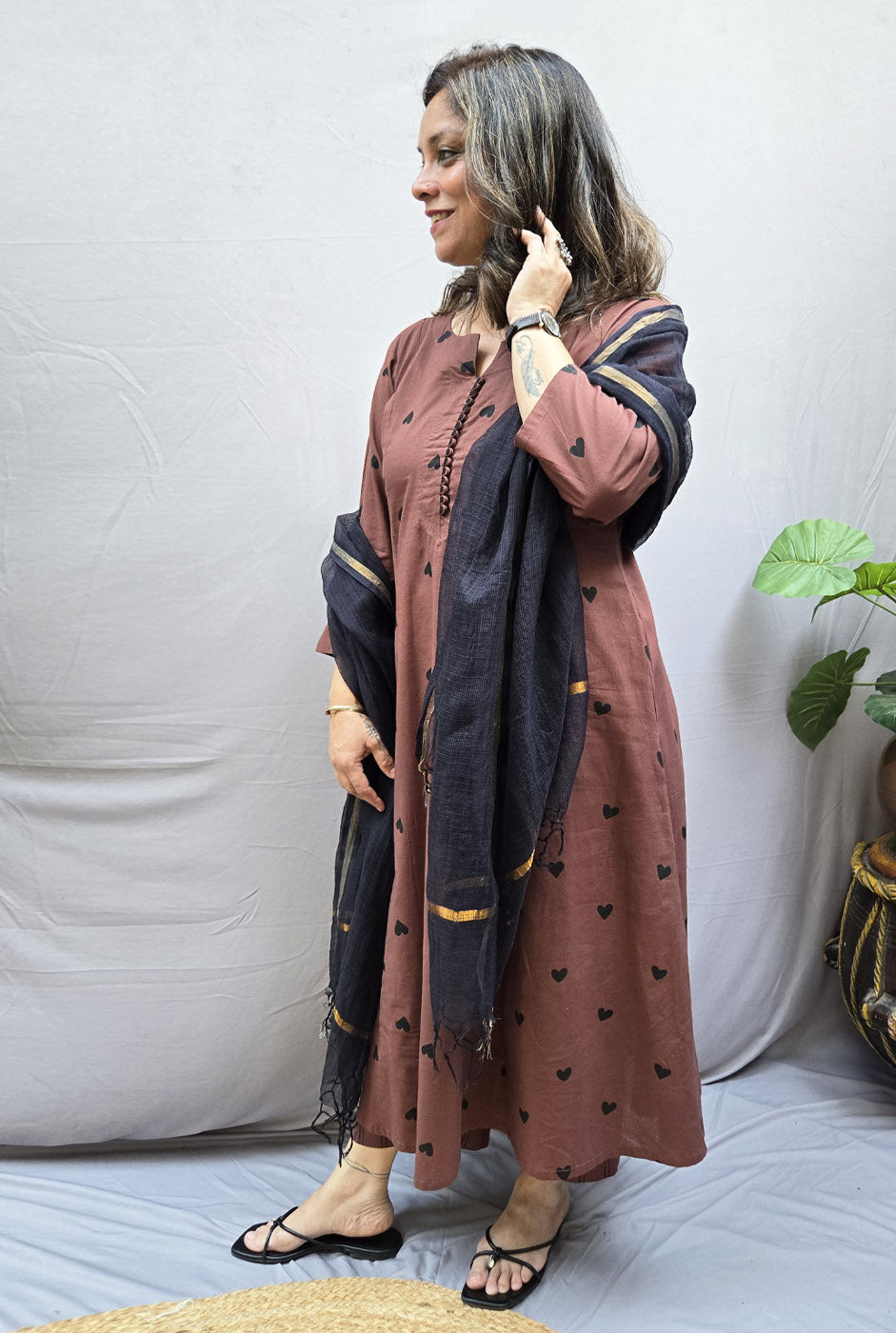 Set of 2 Brown Heart Kurta Pant Set