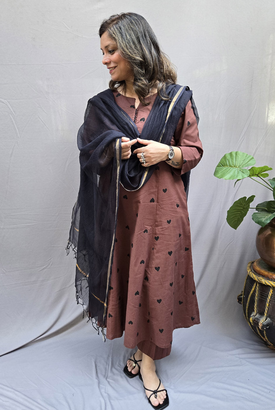 Set of 2 Brown Heart Kurta Pant Set