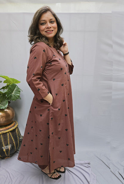 Set of 2 Brown Heart Kurta Pant Set